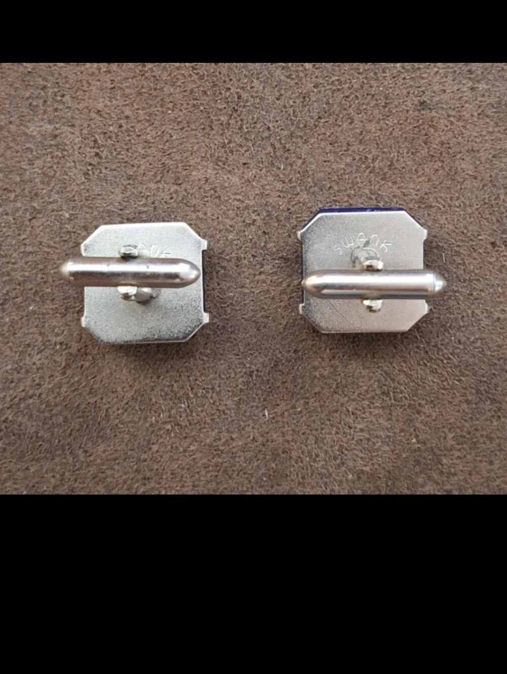 Exquisite Rare HTF Vintage Mid Century Silver Frame Swank Blue Glass Cufflinks
